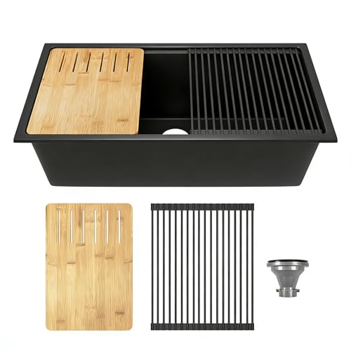 Image of DeerValley Black Undermount Kitchen Sink 33 Inch, Granite Composite Single Bowl Kitchen Sink with Integrated Ledge, Matte Black Quartz Workstation Sink for Kitchen with Accessories