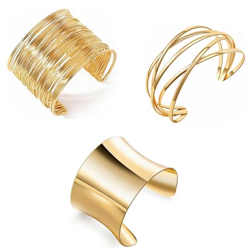 3Pcs Chunky Gold Cuff Bracelets for Women Trendy Minimalist Open Wide Bangle Bracelets Statement Wrist Cuff Wrap Thick Bracelet Set Fashion Jewelry Gift Accessories (gold cuff bracelet set -2)