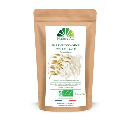 Nature AZ Kolloidales Bio-Hafermehl, ultradünnes Pulver, reich an Ballaststoffen & Beta-Glukanen, entzündungshemmend, beruhigend für empfindliche Haut, Beutel 200 g, französische Produktion.