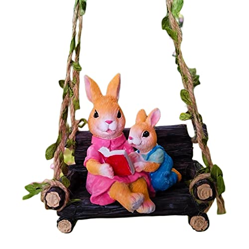 Milageto Garden Bunny Swing Statue,Hanging Animal Figurine Crafts,Cute Rabbit Reading Book Sculpture,Outdoor Patio Yard Decors #TOP4