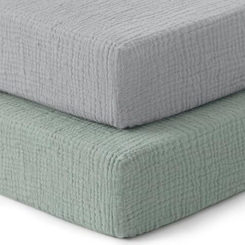 Image of Pro Goleem 2 Pack Muslin Crib Sheets for Boys and Girls, Soft Breathable Neutral Fitted Cotton Baby Bed Sheets Set for Standard Crib Mattress & Toddler Mattress 52"x28", (Grey＆Green)