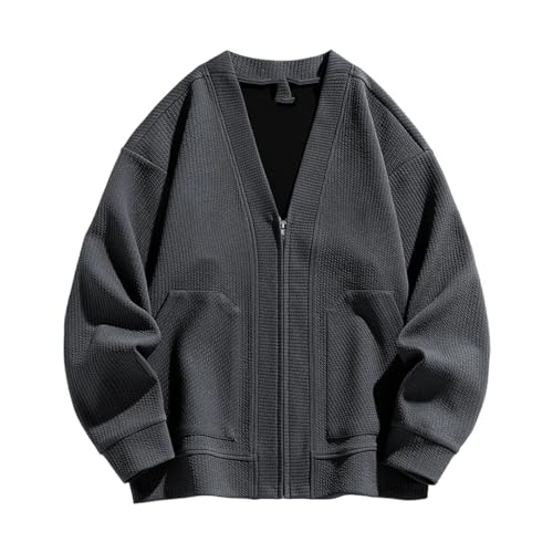 Men's Vintage Zippered Cardigan, Black V-Neck Oversized Business Sweater4