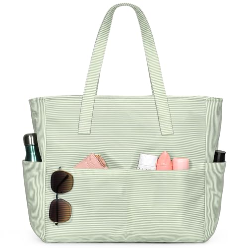 oscaurt Bolsas de praia para mulheres, grande, impermeável, à prova de areia, bolsa de natação para piscina com zíper para viagem e férias essenciais, Listras verdes cinza, Large, Sacola