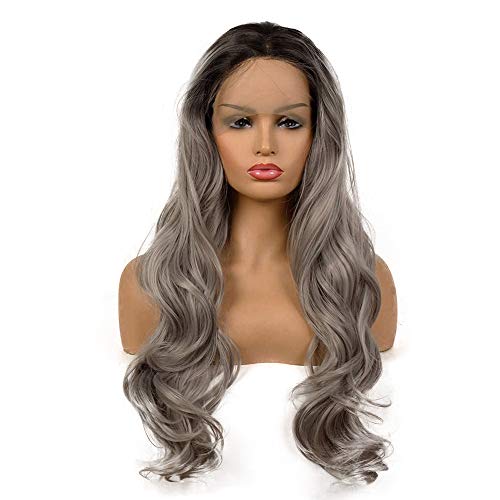 Life Diaries 2 Tones Ombre Gray Dark Roots Synthetic Lace Front Wig Long Body Wave Glueless Replacement Hair Wigs For Women Heat Resistant Fiber Hair Half Hand Tied 24INCH
