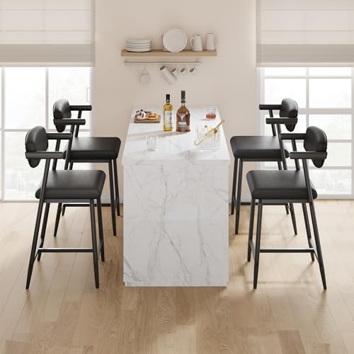 Image of GarveeHome Counter Height Bar Stools of 4 with Armrests, 4 Piece Counter Height Bar Stools Set with Wood Back, Upholstered Seat & Metal Footrest for Kitchen Islands, Counter Bars, Retro Black