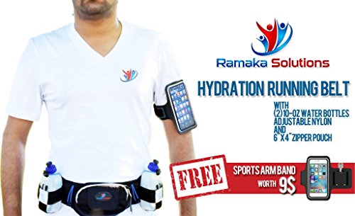 Hydration Running Belt Adjustable Nylon with (2) 10-oz Water Bottles 6” x 4” Zipper Pouch for Large Smartphones and Bonus Armband Fits Galaxy S6 and 5.5” Devices