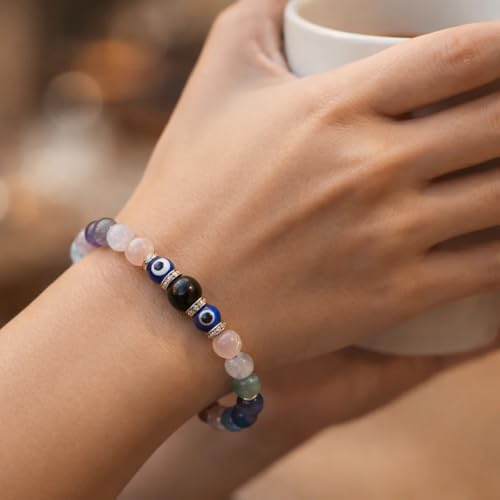 Image of Kumbh (Aquarius) Rashi Bracelet | Fluorite, Labradorite, Amethyst, Aquamarine, Rose Quartz, Evil Eye | Charm Symbolizing Wisdom, Creativity, Innovation & Balanced Energy | For Men & Women