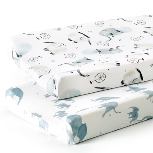 Image of GRSSDER Stretch Ultra Soft Jersey Knit Changing Pad Cover Set 2 Pack, Change Table Pad Covers Fit 32"/34" x 16" Pads Safe and Snug, Cute Diaper Changing Pad Covers of Elephant Print