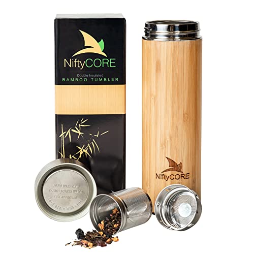 Bamboo Tumbler with Tea Infuser Bottle Loose Leaf Strainer – Advanced Double Insulated Stainless Steel Travel Thermos - Best Gift for Tea Lovers - Leak-Proof Hot Coffee Mug, Fruit Water Bottle (14 oz)