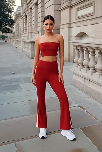 ZFTTV Womens 3 Piece Striped Track Suits Sets Long Sleeve Full Zip Jacket Strapless Bandeau Top with Jogger Sporty Pants Tracksuit Lounge Sets (red, XL) — view 4