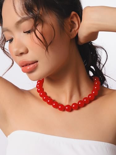 Sacina Red Beaded Choker Necklace, Chunky Beaded Necklace, Goth Emo Y2k Aesthetic Jewelry, Christmas Jewelry Gift for Women2
