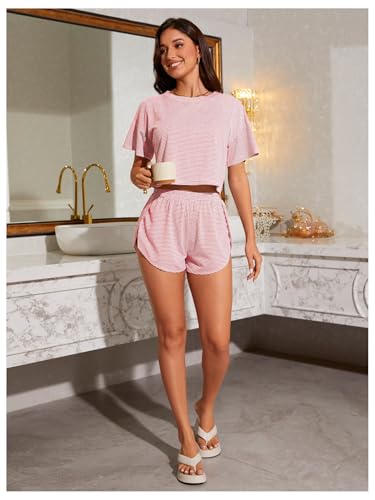 Image of OYOANGLE Womens Pajama Sets 2 Piece Sexy Lounge Sets Summer Cute Pjs Striped Print Tee and Side Split Shorts Set
