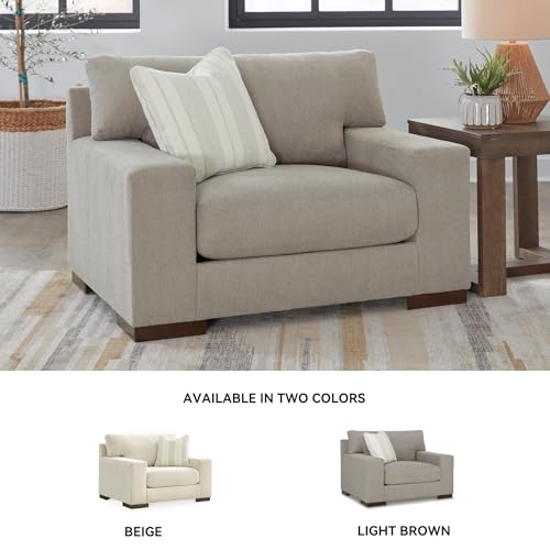 Image of Signature Design by Ashley Maggie Oversized Chair, Cozy Chair and a Half, Plush Chenille, Durable Wood Frame, No Assembly Required, Accent Pillow, For Living Room & Bedroom, Flax Light Gray