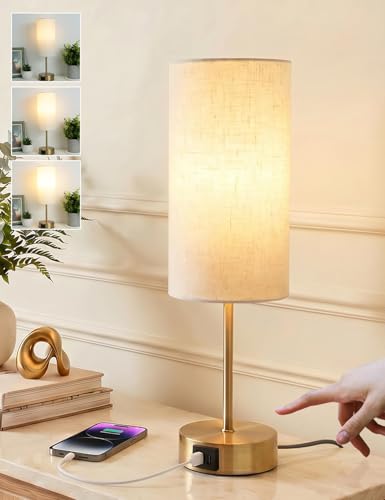 Image of MILLUXXi Bedside Lamps, Touch Control Table Lamp 3-Way Dimmable Small Lamp with USB A+C Charger Beige Fabric Shade LED Small Nightstand Warm White for Bedroom Living Room, Gold