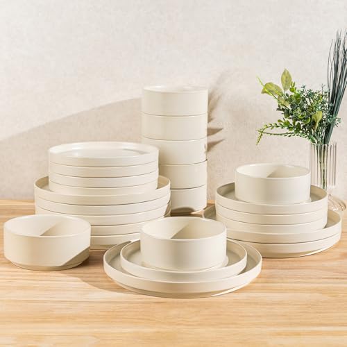 Image of TheTerra Ceramic Dinnerware Sets for 8, 24 Pieces Porcelain Lightweight Plates and Bowls Sets, Scratch Resistant Dish Set, Oven & Microwave & Dishwasher Safe, Matte White