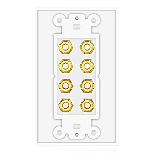 Tnp Home Theater Speaker Wall Plate Outlet - 4 Speaker Sound Audio Distribution Panel Gold Plated Copper Banana Plug Binding Post Connector Insert Jack Coupler (4 Pair, Single Gang, White) #TOP2