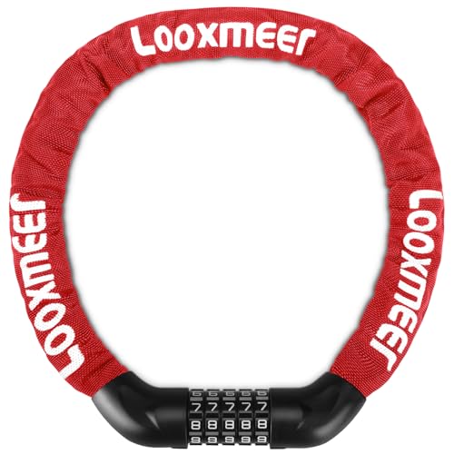 Looxmeer Candado Bicicleta Antirrobo, Cerradura Combinación 5 Dígitos, Bloqueo de Alta Seguridad, Candado de Cadena sin Llave, para Bici Moto Scooter, 90CM, Rojo