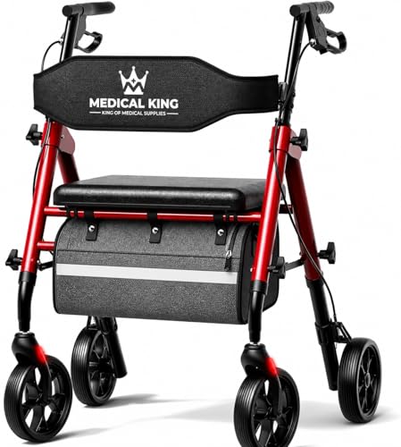 Walkers for Seniors with Seat Foldable Rollator Walker with 8' Wheels, Adjustable Handle Height, Comfortable Seat, 350 lb Capacity, Lightweight Rolling Walker with Storage Pouch - Red