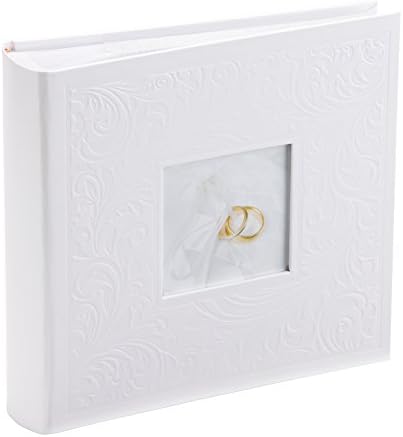 Kenro White Wedding Photograph Album for 200 Photos 6x4 inch / 10x15cm with Photo Window on Cover Finely Embossed Filigree Cover with Memo Space, Slip-In Pages, Pearl Wedding Ring Design  PL203