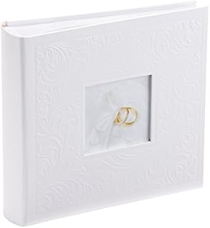 Kenro White Wedding Photograph Album for 200 Photos 6x4 inch / 10x15cm with Photo Window on Cover Finely Embossed Filigree Cover with Memo Space, Slip-In Pages, Pearl Wedding Ring Design  PL203