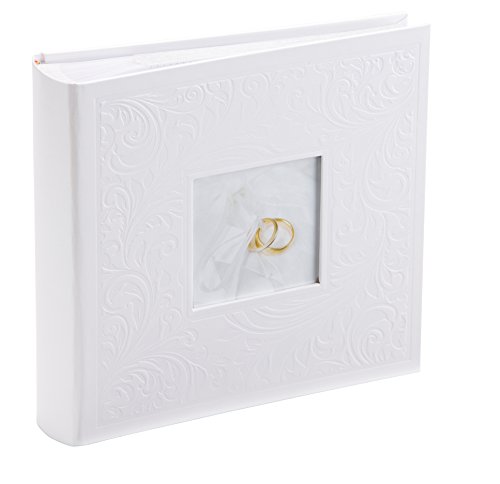 Kenro White Wedding Photograph Album for 200 Photos 6x4 inch / 10x15cm with Photo Window on Cover Finely Embossed Filigree Cover with Memo Space, Slip-In Pages, Pearl Wedding Ring Design – PL203