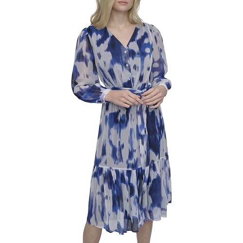 Image of DKNY Women's Long Sleeve V-Neck Tie Waist Midi Dress