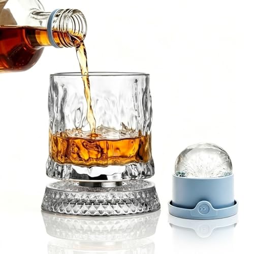 Image of Bezvill Rotating Whiskey Glass with Large Ice Ball Mold, Single Spinning Crystal Bourbon & Old Fashioned Tumbler, 360° Kinetic Glassware for Home Bar, Unique Gifts for Men, Dad