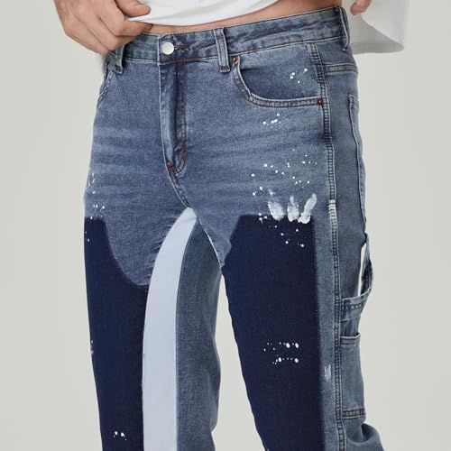 Men Patchwork Jeans Vintage Mid Rise Relaxed Fit Bootcut Denim Pants Casual Trousers Streetwear4