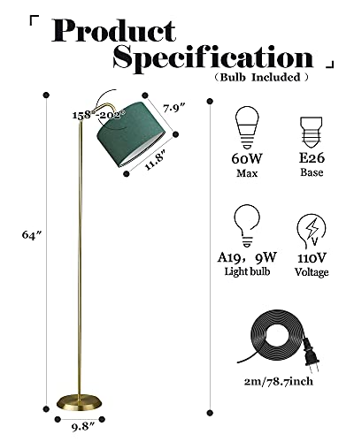 Gold Floor Lamp For Living Room, Elyona Led Modern Standing Light With 2 Lamp Shades, Tall Industrial Floor Lamp For Bedroom, Office, Study Room, Farmhouse (9W Led Bulb, Green & White Shades Included) #TOP6