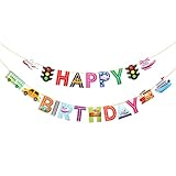 Dalaber Transportation Happy Birthday Banner - Car Bus Plane Train Ship Banner for Kids Boys Birthda