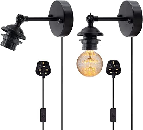 Industrial Wall Lamp 2PCS Vintage Plug in Wall Sconce 240° Adjustable Rustic Wall Sconce with 180CM Cable,Retro Indoor Wall Light,DIY Lampshade,E26/E27 Black Wall Light for Living Room Doorway Stair