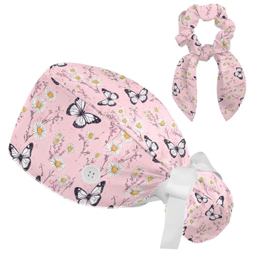 Image of Butterfly Scrub Cap Women with Ponytail & Buttons Adjustable Surgical Nurse Hat with Cotton Sweatband for Long Hair