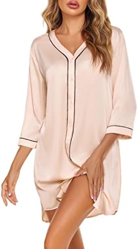 Ekouaer Satin Button Down Nightgown Women 3/4 Sleeve Silk Sleepshirt V-Neck Boyfriend Nightshirt Pajama Dress Asymmetrical Hem Sleepwear, Champagne, XX-Large