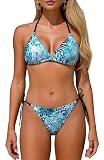 Ausing Mujer Traje de Baño Bikini Halter Traje de Playa Dos Piezas Acolchado Punto/Leopardo Ropa Natación Surf Piscina Triángulo Playa Suave y Cómodo S-XL, 02 Azul, S