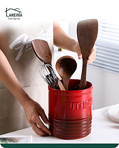 Lareina Kitchen Utensil Holder, Ceramic Utensil Crock Organizer For Countertop, H 7"X W6" Large Cooking Utensil Holder With Anti-Slip Cork Bottom For Home Décor, Christmas Red #TOP4