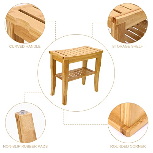 Bamboo Shower Bench With Storage Shelf, 2-Tier Spa Seat Bath Stool For Indoor, Shower Chair Bamboo For Adults Seniors Women Elderly #TOP3