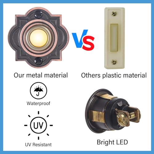Vintage Heavy Duty Metal Lighted Doorbell Push Button, 1.9inch Copper Round LED Door Bell Switch Home Wall Mounted Buttons Wired Opener Universal Hardware Garage Front Doors, Yellow Light by RANERVZ - Image 4