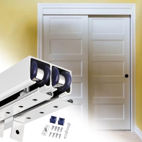 Kit de herrajes resistentes para puerta corredera de doble riel con riel de aleación de aluminio y sistema de rodillos para puertas de armario y habitaciones interiores