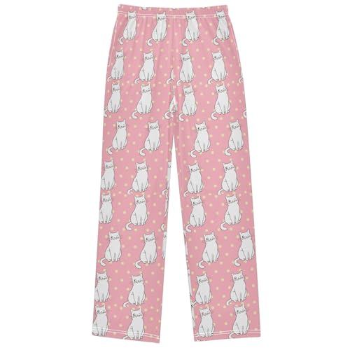 Boy's Pj Pants White Cat Yellow Dot Lounge Bottoms Elastic Kids Sweatpants Joggers with Pockets Size 6-14
