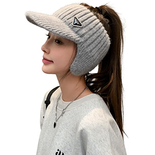 Image of Open Beanie with Earflaps Visor Brim Bun Ponytail Winter Golf Tennis Hats Women