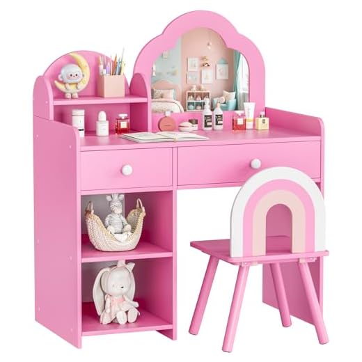 MAMIZO Schminktisch Kinder Set, Wolkenförmiger Kinderschminktisch mit Spiegel, Hocker, Schubladen und Aufbewahrungsschränken, Prinzessin Frisiertisch aus Holz, 73,5x40x90,5cm, Rosa