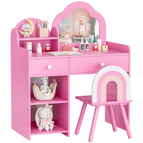 MAMIZO Tocador Infantil con Taburete y Espejo, Tocador para Niños con Cajón, con Forma de Nube, Robusto y Estable, 2 en 1 Mesa de Maquillaje Infantil 3,5x40x90,5cm, para 3-8 Años (Rosa)