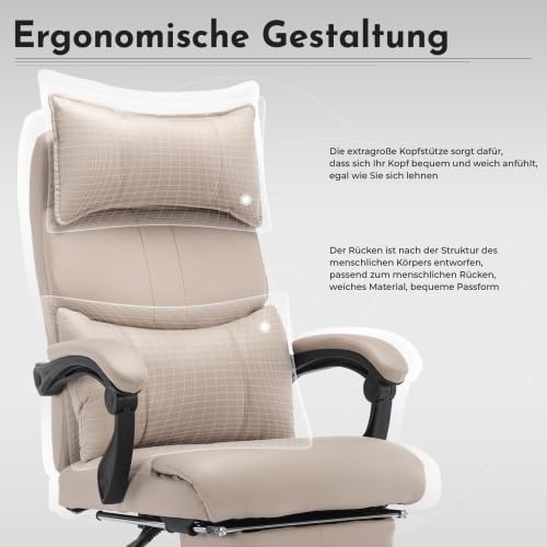 Sedia da ufficio professionale con portata di 150 kg e meccanismo sincrono, sedia direzionale in ecopelle traspirante, regolabile in altezza con braccioli e poggiatesta 4D, colore beige/grafite per