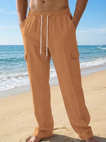 Image of Men's Linen Pants Casual Cargo Pants with Pockets Lightweight Elastic Waist Drawstring Pants Baggy Beach Pants