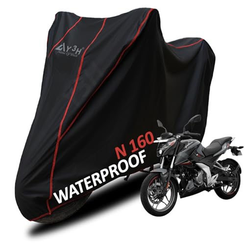 Image of Bike Body Cover for Pulsar N160 Full Body Cover with Waterproof, Dust Proof, UV Rays Protective, Tripple Stitching & Lightweight Two Wheeler Covers - Black with Waterproof Red Piping