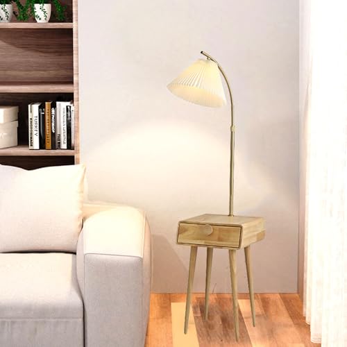 End Table with Lamp, Floor Lamp with Narrow End Table and Drawers, Nightstand Standing Lamp with Adjustable Lighting Pole and Fabric Lampshade, Tall Lamp for Bedroom Office Study Room