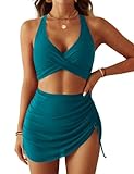 CiCiBird Women's High Waisted Bikini Set Tummy Control Mesh Swim Skirt Twist Front Two Piece Swimsuits Peacock Blue Medium