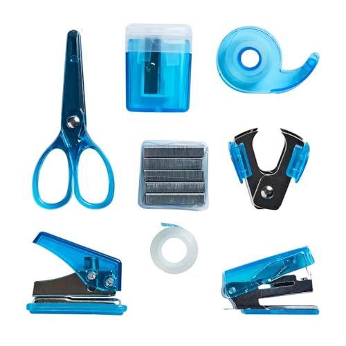 Tinc - Mini Büroset - Kompaktes Set mit Mini-Heftgerät, Klebebandabroller, Schere, Anspitzer und Enthefter - Praktische Bürobedarf für Schule und Zuhause - Blau