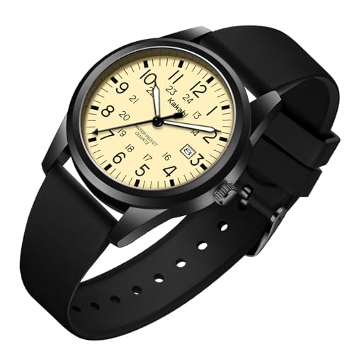 Kakabi Men's Easy to Read Watch, Unisex Military Sport Analog Quartz Casual Wristwatch with Comfortable Silicone Strap, 24 Hour Time, 30M Water Resistance