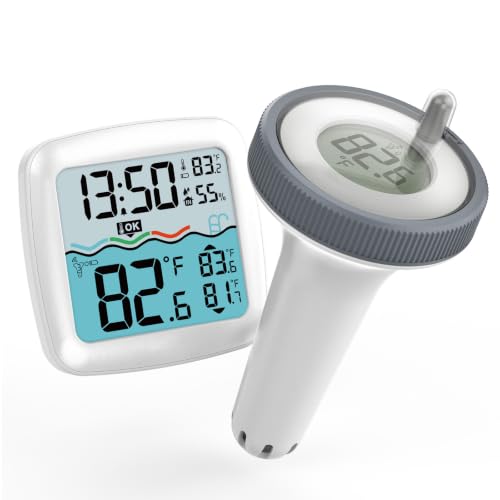 Pool Thermometer Floating Easy Read - IPX8 Swimming Pool Thermometer with Indoor Temp, Upgraded Large Display, Enhanced 328ft Wireless Range, 3-in-1 Weather, Pond/Hot Tub/Spa, Retro by Viveneat - Used condition - US$50.79
